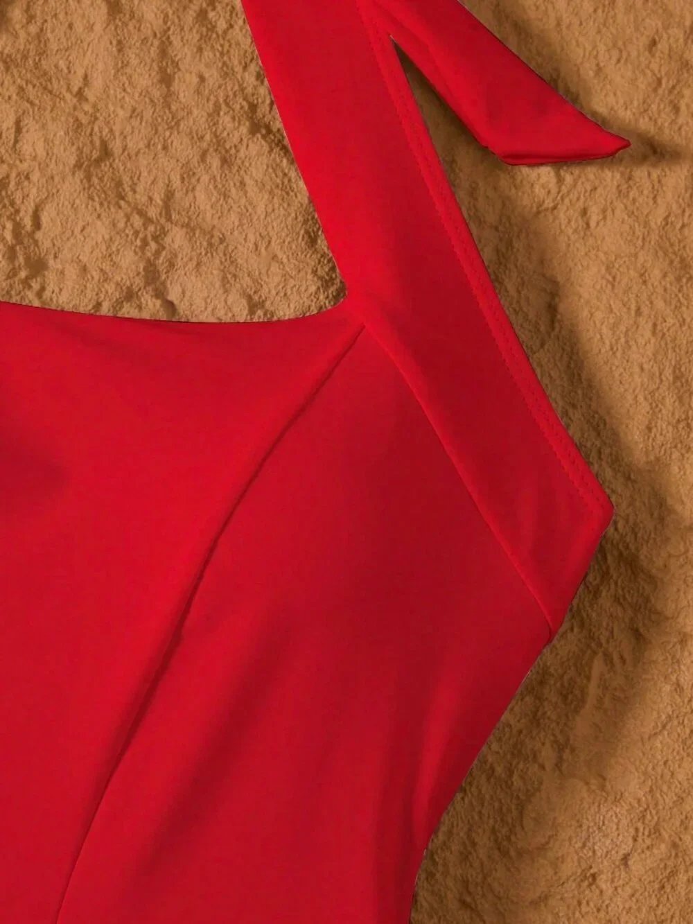 Red Casual Women's High Neck Tied One-Piece Swimsuit
